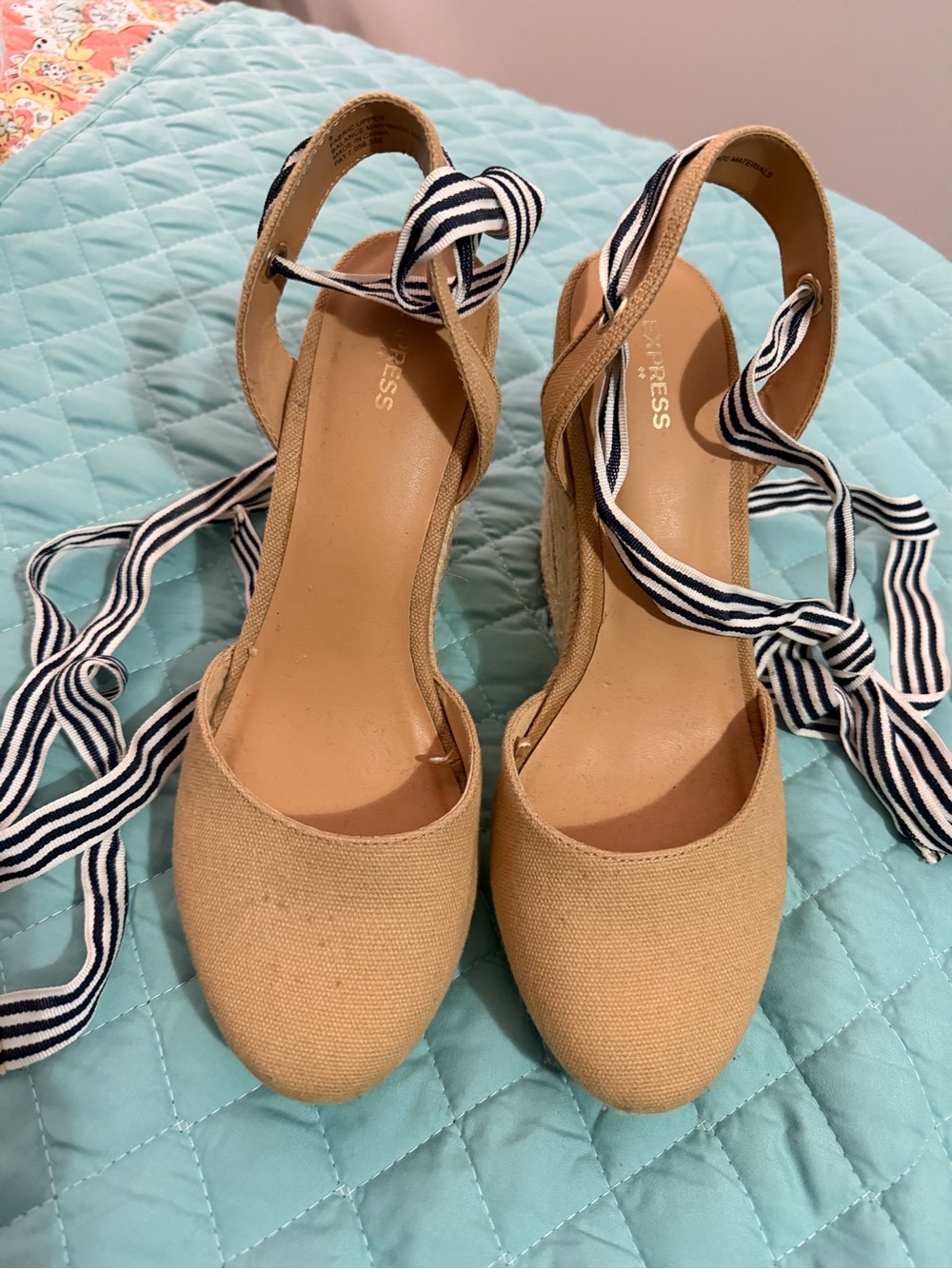 Express Tan Espadrille Wedge Sandals with Navy-and-White Striped Ties